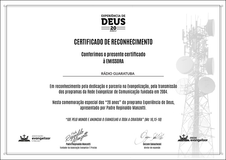 ​Rádio Guaratuba Recebe Certificado de Reconhecimento pelo Programa "Experiência de Deus" por Padre Reginaldo Manzotti